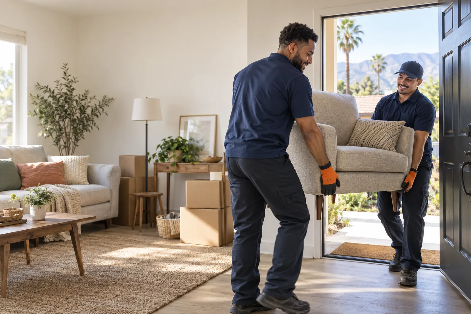 Two moving cleanout professionals carrying an armchair through a bright home